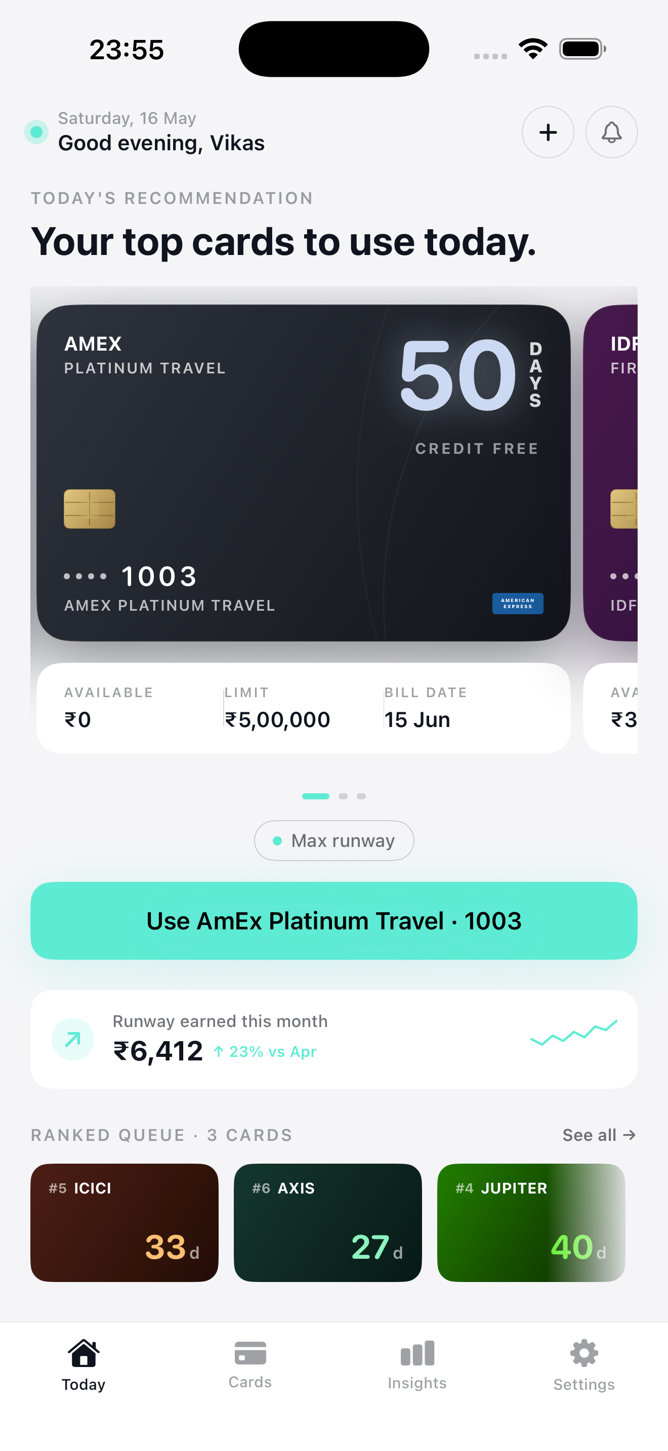 CreditRun app showing ranked cards with credit-free days
