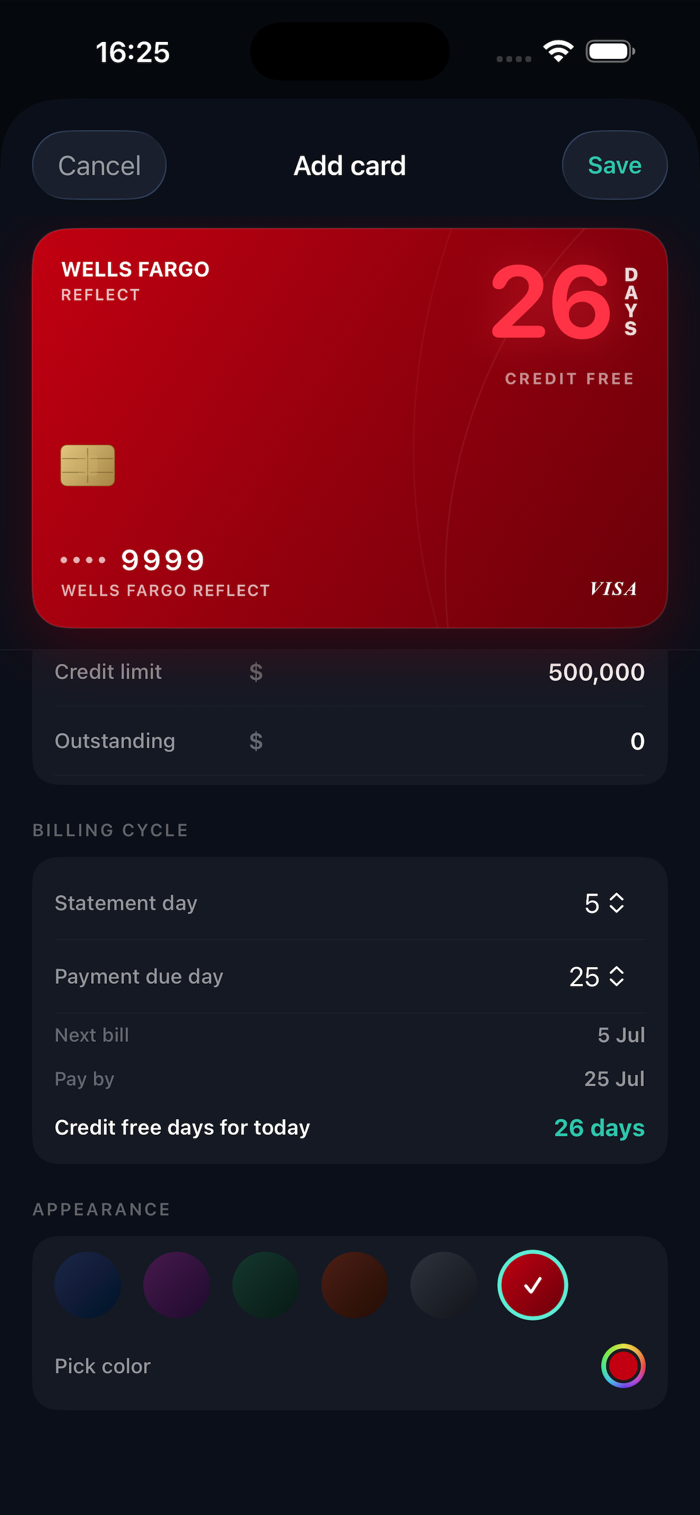 Adding a card with billing cycle