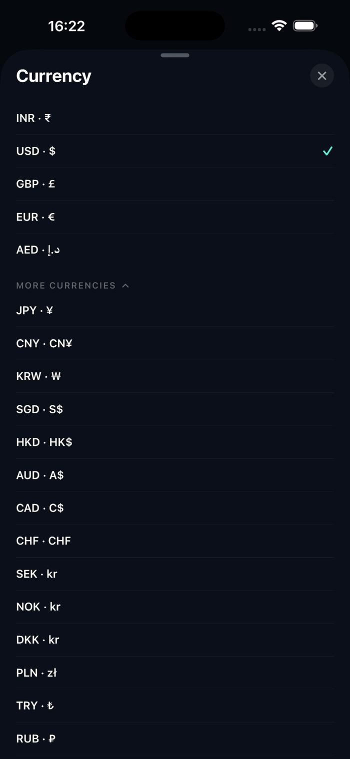 Currency picker with 40 currencies