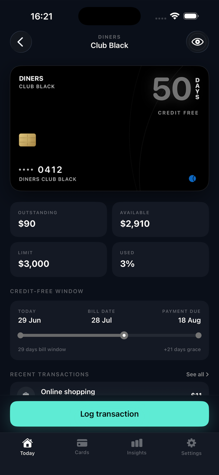 Card detail with credit-free window