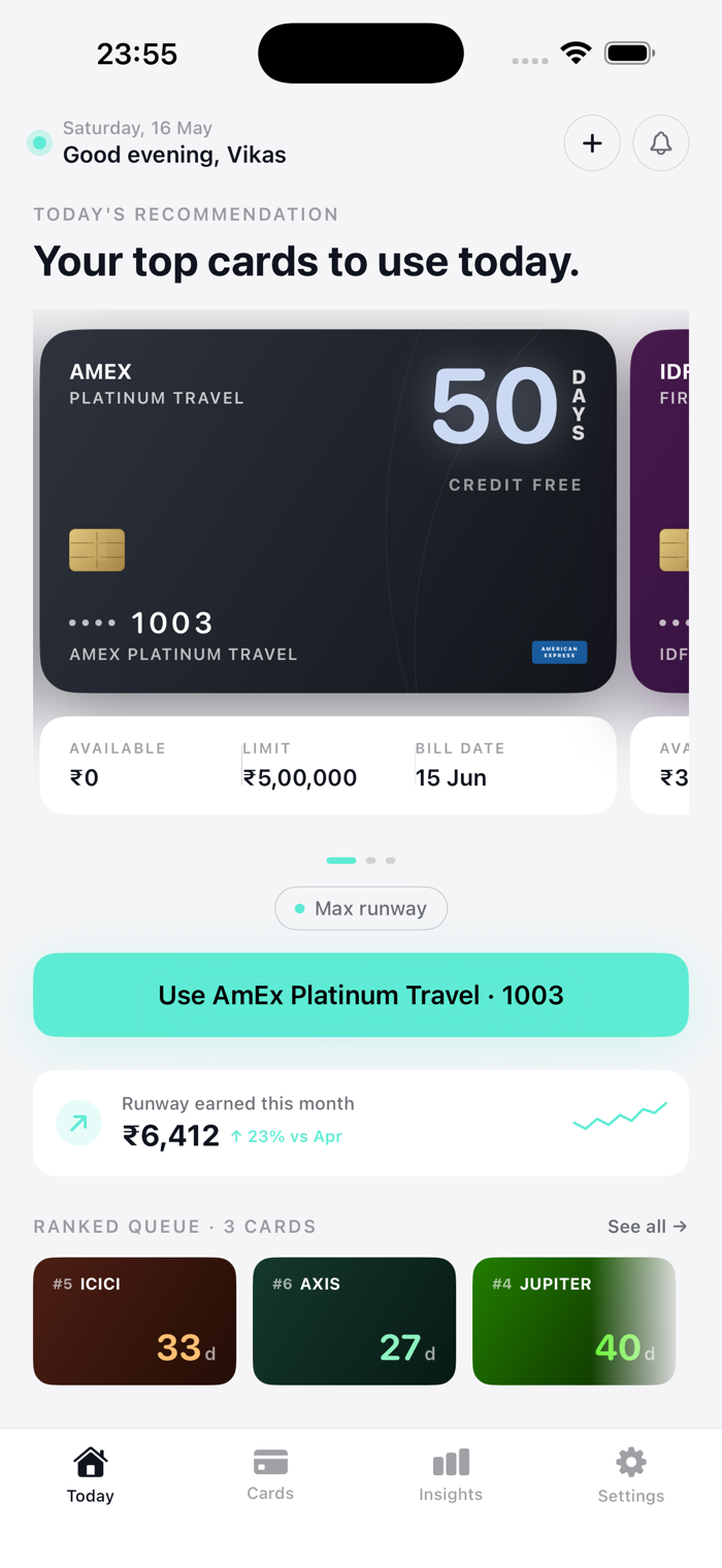 CreditRun showing Indian cards with rupee amounts