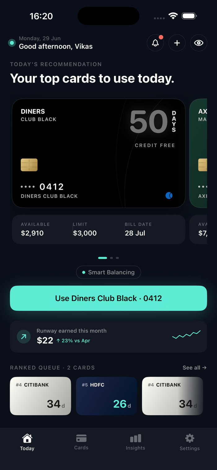 CreditRun app showing ranked cards with credit-free days