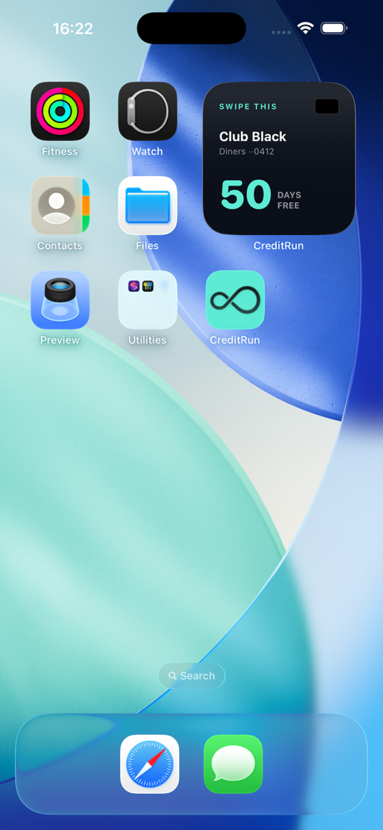 Home Screen widget showing best card